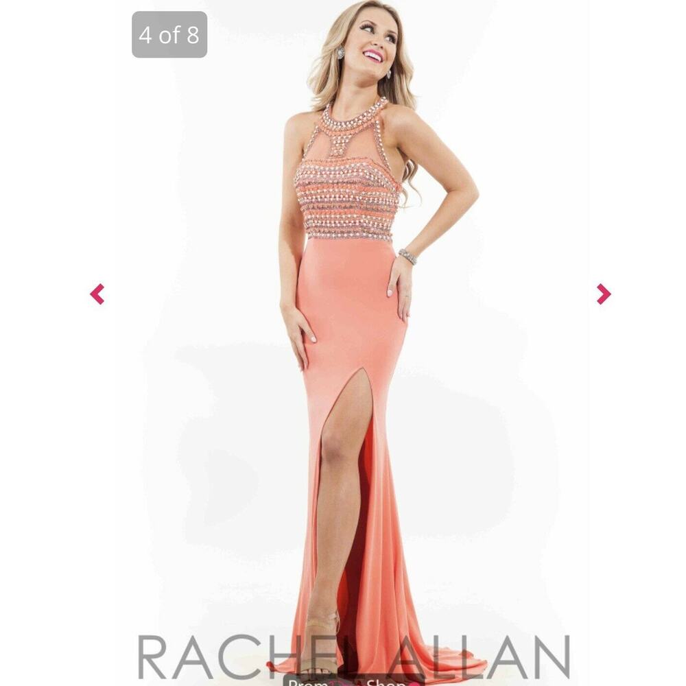 Rachel Allen Princess Beaded Illusion Neckline Formal Dress Sz 0 Coral #2058 NEW